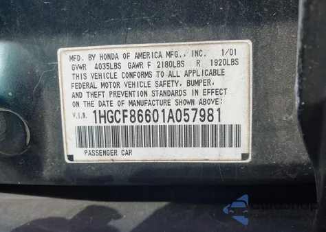 2001 Honda Accord Value Package z USA, uszkodzony, nr VIN 1HGCF86601A057981